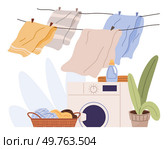 Laundry. Vector illustration. Cleaning heavily soiled clothes requires pre-treatment Proper laundry techniques extend clothing lifespan Sorting laundry by temperature prevents damage Eco-friendly. Laundry. Laundry care labels provide instructions. Neatly folded clothes are easier to store. Стоковая иллюстрация, агентство Ingram Publishing / Фотобанк Лори