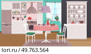 Kitchen vector illustration. Living spaces flourish when kitchen is harmonious blend style and utility Cookware and utensils, well-organized, turn kitchen into culinary masterpiece The kitchen. Kitchen. Cookware and utensils organize kitchen, turning it into efficient living space. Стоковое фото, агентство Ingram Publishing / Фотобанк Лори