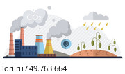 Carbon dioxide vector illustration. The carbon dioxide issue requires collaborative approach for effective solutions Pollution from carbon dioxide sources poses long-term risk to environmental health. Carbon dioxide. Environmental issues arise from uncontrolled emission carbon dioxide. Стоковая иллюстрация, агентство Ingram Publishing / Фотобанк Лори