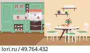 Kitchen interior vector illustration. A well-equipped kitchen interior concept turns cooking into pleasurable ritual The domestic kitchen, adorned with stylish decor, becomes heart home Comfy dining. Kitchen interior. Homely decor in kitchen enhances dining experience for cosy ambiance. Стоковая иллюстрация, агентство Ingram Publishing / Фотобанк Лори