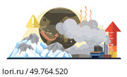 Global warming vector illustration. Environmental conservation is shield, protecting fragile ecosystem from arrows co2 emissions Co2, silent intruder in atmosphere, weaves narrative global warming. Global warming. Contamination, ink staining pages atmospheric purity, narrates tale global warming. Стоковая иллюстрация, агентство Ingram Publishing / Фотобанк Лори