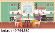 Kitchen interior vector illustration. Comfy and stylish furniture in kitchen and dining room fosters family unity Decoration and cookware in kitchen create warm and welcoming ambiance A well-designed. Kitchen interior. The dining room, extension kitchen, completes homely ambiance. Стоковая иллюстрация, агентство Ingram Publishing / Фотобанк Лори