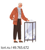 Old man throwing voting ballot for candidate in box during president or government election or referendum. Cartoon voter polling. Democracy and human opinion. Elderly man votes at polling station. Old man throwing voting ballot for candidate in box during president or government election. Стоковая иллюстрация, агентство Ingram Publishing / Фотобанк Лори