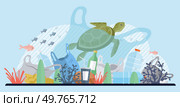 Ocean pollution vector illustration. The destruction caused by ocean pollution requires comprehensive environmental solutions Damage to ocean ecosystem is reflection human negligence and indifference. Ocean pollution. The ocean pollution metaphor symbolizes assault on marine habitats. Стоковая иллюстрация, агентство Ingram Publishing / Фотобанк Лори