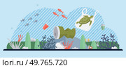 Ocean pollution vector illustration. The ocean pollution concept serves as wakeup call for environmental responsibility Garbage and trash in ocean pose significant threat to marine ecosystems. Ocean pollution. Pollution seas with harmful toxins endangers marine wildlife. Стоковая иллюстрация, агентство Ingram Publishing / Фотобанк Лори