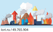 Depiction of industrial factories emitting smoke and flames, contributing to air pollution and environmental harm. This powerful image emphasizes the need for sustainable practices.. Industrial factories with smoke, flames, and pollution, representing the dangers of environmental degradation. Стоковая иллюстрация, агентство Ingram Publishing / Фотобанк Лори