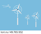 Clean and minimalist vector illustration of three wind turbines generating energy. The turbines are set against a blue background, symbolizing renewable energy and sustainable environmental practices.. Three wind turbines generating energy, shown on a blue background, symbolizing renewable wind energy. Стоковая иллюстрация, агентство Ingram Publishing / Фотобанк Лори