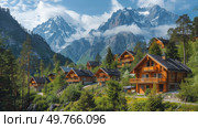 Cluster of wood cabins nestled among trees in forest with majestic mountains looming in background.. Group of Wooden Houses in Forest With Mountains. Стоковое фото, агентство Ingram Publishing / Фотобанк Лори