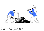 Two men with tools mining digital cryptocurrency coins from rocks. Depicts cryptocurrency, mining, blockchain technology. Useful for digital currency, fintech, crypto mining.. Two men mining cryptocurrency, using tools to break rocks filled with digital coins, digital artwork. Стоковая иллюстрация, агентство Ingram Publishing / Фотобанк Лори