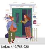 Woman enters house opening door and turning around to look out to say hello and talk to neighbor. Girl stands on porch of dwelling near entrance and says goodbye after walk. People in doorway entrance. Woman enters house opening door and turning around to look out to say hello and talk to neighbor. Стоковая иллюстрация, агентство Ingram Publishing / Фотобанк Лори