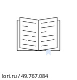 Simple illustration of an open book with a bookmark. Ideal for themes related to reading, education, literature, and knowledge. Features a black and white design with a touch of blue.. Open book icon with bookmark, representing reading, education, literature, and knowledge concepts. Стоковая иллюстрация, агентство Ingram Publishing / Фотобанк Лори