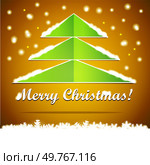 Stylized Christmas tree card with a Merry Christmas message, stars, snowflakes, and festive background. Suitable for holiday greetings, Christmas cards, and seasonal celebrations.. Christmas card with stylized tree, Merry Christmas message, stars, and festive snowflakes. Стоковая иллюстрация, агентство Ingram Publishing / Фотобанк Лори
