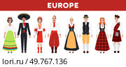 Illustration of diverse individuals wearing traditional European clothing. For cultural heritage, diversity, tradition, global unity, multiculturalism, cultural representation, inclusion.. European traditional clothing worn by diverse individuals representing cultural heritage and diversity. Стоковая иллюстрация, агентство Ingram Publishing / Фотобанк Лори