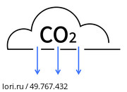 Cloud containing CO2 and arrows pointing downwards. Ideal for environmental awareness, carbon footprint reduction, climate change education, greenhouse gas emissions, and sustainability efforts. Sim. CO2 Emissions and Carbon Footprint Concept with Cloud and Downward Arrows. Стоковая иллюстрация, агентство Ingram Publishing / Фотобанк Лори