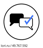 Two speech bubbles, one black and one white with a blue check mark, signify verified messaging. Ideal for messaging apps, social media, online verification, customer support, and communication tools.. Checked Communication Vector Icon for Messaging Apps and Online Verification Services. Стоковая иллюстрация, агентство Ingram Publishing / Фотобанк Лори