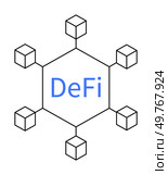 This graphic shows DeFi in blue text centered in a hexagon connected to six smaller cubes. Ideal for blockchain, cryptocurrency, financial technology, decentralized networks, digital finance.. Decentralized Finance DeFi Network Concept with Hexagonal Central Hub and Blockchain Nodes, Blue Text. Стоковая иллюстрация, агентство Ingram Publishing / Фотобанк Лори