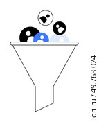 A simple design of multiple person icons in black, blue, and white, funneled into a single entity. Ideal for business, strategy, operations, diversity, and data visualization concepts.. Funnel Filtering Diverse People Icons into a Single Output Representation. Стоковая иллюстрация, агентство Ingram Publishing / Фотобанк Лори