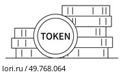 Stack of coins with one coin labeled TOKEN . Ideal for digital finance, cryptocurrency, blockchain technology, virtual assets, investment. Clean line art.. Stack of Digital Tokens with Token Text Highlighting Cryptocurrency and Blockchain Concepts. Стоковая иллюстрация, агентство Ingram Publishing / Фотобанк Лори