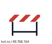 Road barrier, construction barricade, roadblock warning sign isolated on white, danger on street. Solitary road barrier stands tall, symbolizing resilience and safety, sense of caution and protection. Road barrier, construction barricade, roadblock sign vector icon isolated on white background. Стоковая иллюстрация, агентство Ingram Publishing / Фотобанк Лори