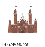 Brown medieval castle with four tall towers topped by red flags. Central entrance with arches and small windows. Ideal for medieval themes, children stories, historical references, educational. Medieval Brick Castle with Four Towers and Flags on White Background. Стоковая иллюстрация, агентство Ingram Publishing / Фотобанк Лори