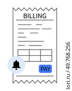A billing document with itemized text, a reminder bell icon, table, and a blue PAY button. Ideal for payment services, billing, invoicing, finance apps, reminders. Clean and minimal design.. Simple Rectangular Billing Document with Reminder Icon and Blue Pay Button on White Background. Стоковая иллюстрация, агентство Ingram Publishing / Фотобанк Лори