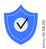 Blue shield with a check mark at center. Ideal for security, protection, safety, approval, trust, digital security themes. Clean, vector style.. Blue Shield with Check Mark Symbolizing Security and Protection in Modern Design. Стоковая иллюстрация, агентство Ingram Publishing / Фотобанк Лори
