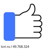 A hand giving a thumbs up with a blue sleeve, representing a gesture for approval or positivity. Ideal for social media, user feedback, endorsements, agreements, and support. Outline vector style.. Thumbs Up Gesture for Approvals, Positive Feedback. Стоковая иллюстрация, агентство Ingram Publishing / Фотобанк Лори