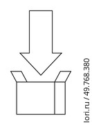 Arrow pointing into an open box. Ideal for instructions, packaging, delivery, downloads, unpacking. Minimalist style.. Arrow Pointing Into Open Box Symbolizing Unpacking or Download. Стоковая иллюстрация, агентство Ingram Publishing / Фотобанк Лори