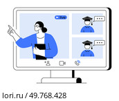 A teacher points while holding a book during a live online session with two students wearing graduation caps. Ideal for education, webinars, virtual classrooms, remote learning, online teaching.. Online Learning Session with Teacher and Two Students on Computer Screen. Стоковая иллюстрация, агентство Ingram Publishing / Фотобанк Лори