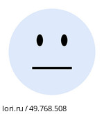 Simple neutral face with round shape, black eyes, and straight-line mouth. Ideal for expressing calmness, neutrality, simplicity, mindfulness, and emotionless states. Cartoonish, vector, minimalistic.. Minimalist Neutral Face Emoji with Simple Design and Calm Expression. Стоковая иллюстрация, агентство Ingram Publishing / Фотобанк Лори