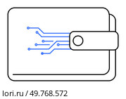 A digital wallet with blue circuit lines on it. Simple lines. Ideal for technology, finance, digital transactions, cybersecurity, and innovation themes. Clean, minimalistic, futuristic.. Digital Wallet with Circuitry Pattern Representing Modern Financial Technology. Стоковая иллюстрация, агентство Ingram Publishing / Фотобанк Лори