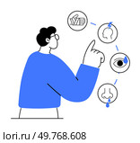 Person points at icons of nose, eye, head, and tissue, indicating sensations or health symptoms. Ideal for medical, allergy, health awareness, education, infographics, and wellness. Simple line art st. Person Pointing at Sensory and Sneeze Icons with Illustrative Connections. Стоковая иллюстрация, агентство Ingram Publishing / Фотобанк Лори
