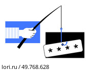 Hand holding a stick with a password hook signifies cyber risk. Ideal for cybersecurity, online safety, data protection, hacking awareness, tech security. Minimalist vector art.. Phishing Warning Password Theft Depiction with Fishing Hook and Masked Text. Стоковая иллюстрация, агентство Ingram Publishing / Фотобанк Лори