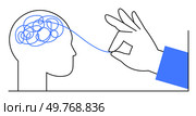 A hand untangles a blue line from a person s head, representing simplifying thoughts. Ideal for mental health, problem-solving, mindfulness, cognitive clarity, and personal development. Simple, clean,. Simplifying Complex Thoughts Untangling the Mind for Clarity and Focus. Стоковая иллюстрация, агентство Ingram Publishing / Фотобанк Лори