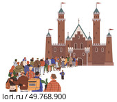 People of various ages stand in a long line outside a grand castle with red flags and multiple tall towers. Ideal for travel adventures, historical themes, tourism attractions, queuing for events. Group of People Waiting in Line Outside Majestic Castle with Red Flags and Tall Towers. Стоковая иллюстрация, агентство Ingram Publishing / Фотобанк Лори