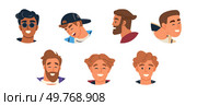 Seven male faces with different hairstyles and expressions. Ideal for character design, graphic design, animation, social media avatars, and educational materials. Cartoon style with vibrant colours. Diverse Male Faces with Various Hairstyles Expressing Emotions and Styles. Стоковая иллюстрация, агентство Ingram Publishing / Фотобанк Лори