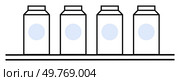 Four carton milk packs with blue circle labels aligned on a shelf. Ideal for food packaging, grocery stores, dairy products, retail display, minimalistic design. Line art style.. Row of Four Carton Milk Packs on a Shelf. Стоковая иллюстрация, агентство Ingram Publishing / Фотобанк Лори