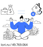 Woman meditating outdoors with nature and flower background. Symbols of money and house with hearts suggest balance between wealth and health. Ideal for relaxation, work-life balance, mental. Balancing Work and Health through Meditation and Mindfulness for Enhanced Wellbeing. Стоковая иллюстрация, агентство Ingram Publishing / Фотобанк Лори