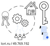 Black and white vector of keys, house, gears, and documents. Ideal for real estate, property management, home ownership, business process, and legal agreements. Simple and modern style. Real Estate and Property Management Concepts with Keys, House, Gears, and Documents. Стоковая иллюстрация, агентство Ingram Publishing / Фотобанк Лори