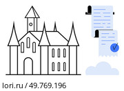 A minimalist vector drawing of a castle with high spires, alongside a scroll featuring blue checkmarks in clouds. Ideal for education, fantasy, medieval themes, record-keeping, storytelling. Castle with Tall Spires and Scroll in the Clouds. Стоковая иллюстрация, агентство Ingram Publishing / Фотобанк Лори