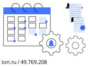 Calendar with marked dates on left, task list on right, two gear icons with bell symbol. Ideal for workflow optimization, scheduling, task management, reminders, productivity, organization. Calendar with Task List and Gear Symbols for Reminder and Workflow Management. Стоковая иллюстрация, агентство Ingram Publishing / Фотобанк Лори