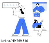 A person holds a five-star rating, another claims cashback on a device, and a third sits with a laptop pointing up. Ideal for customer experience, online reviews, cashback programs, digital. Customer Satisfaction and Cashback Rewards with Technology and Online Reviews. Стоковая иллюстрация, агентство Ingram Publishing / Фотобанк Лори
