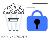 Popcorn bucket next to a blue padlock. Ideal for entertainment, security, digital privacy, movie nights, and data protection. Minimalist style illustration with a playful touch. Popcorn and Padlock Entertainment and Security in Minimalist Art. Стоковая иллюстрация, агентство Ingram Publishing / Фотобанк Лори