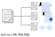 Flowchart connecting documents to a central system ending with verified documents and audio waves. Ideal for document management, digital workflows, data organization, verification processes. Document Management Process with Workflow Hierarchy and Digital Verification. Стоковая иллюстрация, агентство Ingram Publishing / Фотобанк Лори