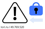 Black exclamation mark inside a triangle accompanied by a blue padlock and light blue left arrow. Ideal for security alerts privacy protection data safety access control and cautionary notices. Exclamation Warning Sign with Blue Lock Symbol and Left Arrow for Alert and Security. Стоковая иллюстрация, агентство Ingram Publishing / Фотобанк Лори