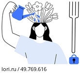 A woman waters flowers growing from her head symbolizing self-care and personal growth. A fork and lock appear beside her. Ideal for mental well-being, creativity, self-nurturing, inner growth. Woman Nurturing Her Creativity with Self-Care and Growth. Стоковая иллюстрация, агентство Ingram Publishing / Фотобанк Лори