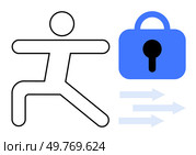 Outline of a human figure in a dynamic pose next to a blue lock symbol and arrows. Ideal for cybersecurity, data protection, safety, access control, networking. Minimalistic design style. Simplistic Human Figure and Blue Lock Symbol Representing Security and Flow. Стоковая иллюстрация, агентство Ingram Publishing / Фотобанк Лори