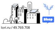 Cityscape with buildings fitted with solar panels. Trees and bushes surround the structures. A speech bubble displays shop nearby. Ideal for green living, sustainability, urban planning, eco-friendly. Sustainable Urban Buildings with Solar Panels and Shop Icon. Стоковая иллюстрация, агентство Ingram Publishing / Фотобанк Лори