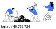 Two individuals using hammers to break blocks and a figure pointing suggest teamwork and guidance. Ideal for business, hard work, collaboration, leadership and achieving success. Line art style. Teamwork in Business Collaboration and Hard Work Leading to Success. Стоковая иллюстрация, агентство Ingram Publishing / Фотобанк Лори