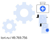 Two large gears and a medical cross icon are joined by a medical document with a checkmark. Ideal for healthcare technology, medical record management, health services, technical processes. Gears Symbolizing Technical Processes with Medical Record and Health Icon in Flat Style. Стоковая иллюстрация, агентство Ingram Publishing / Фотобанк Лори
